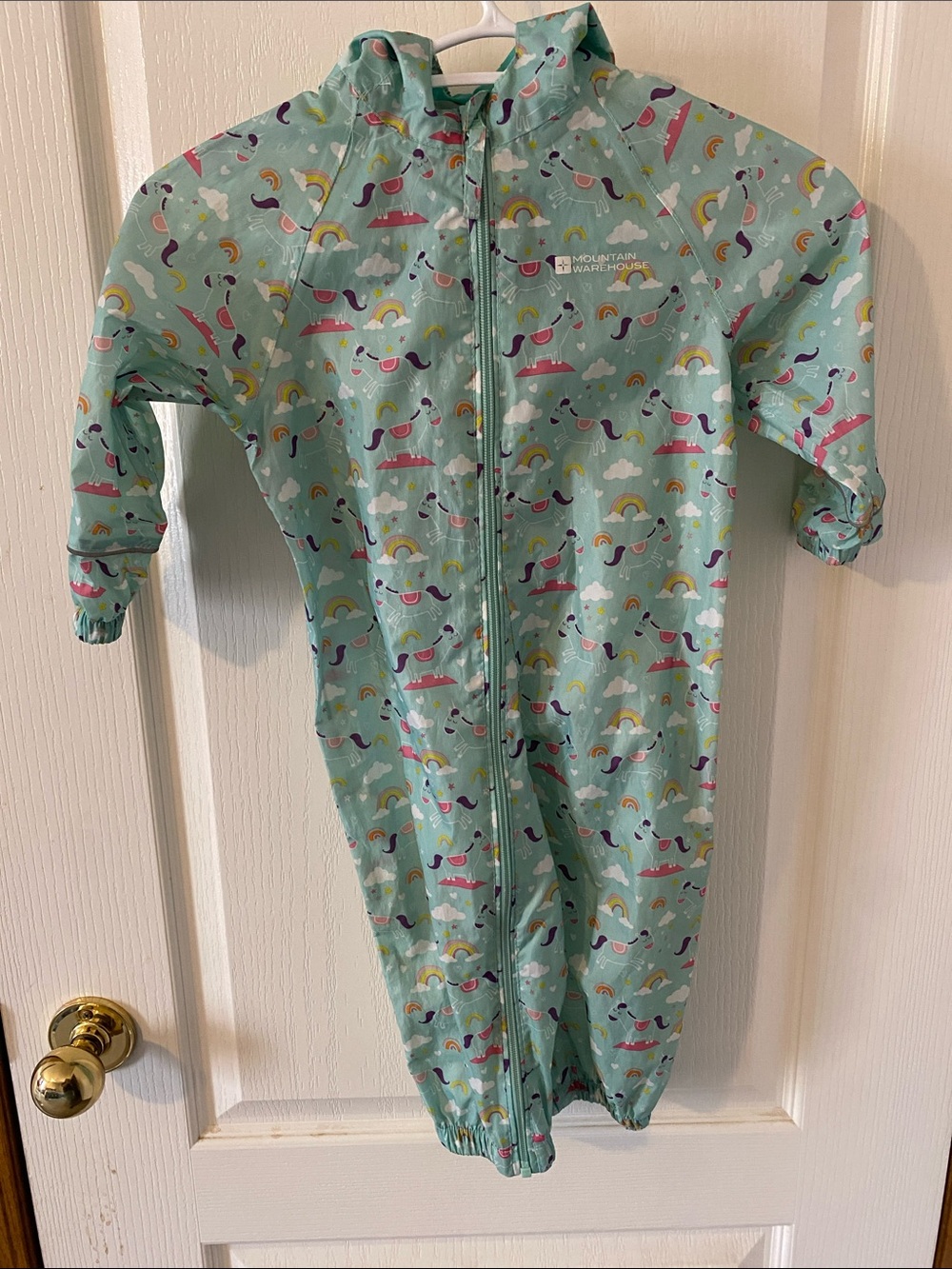 Children’s Mountain Warehouse Mint Rain Coverall with Rainbow unicorn Print